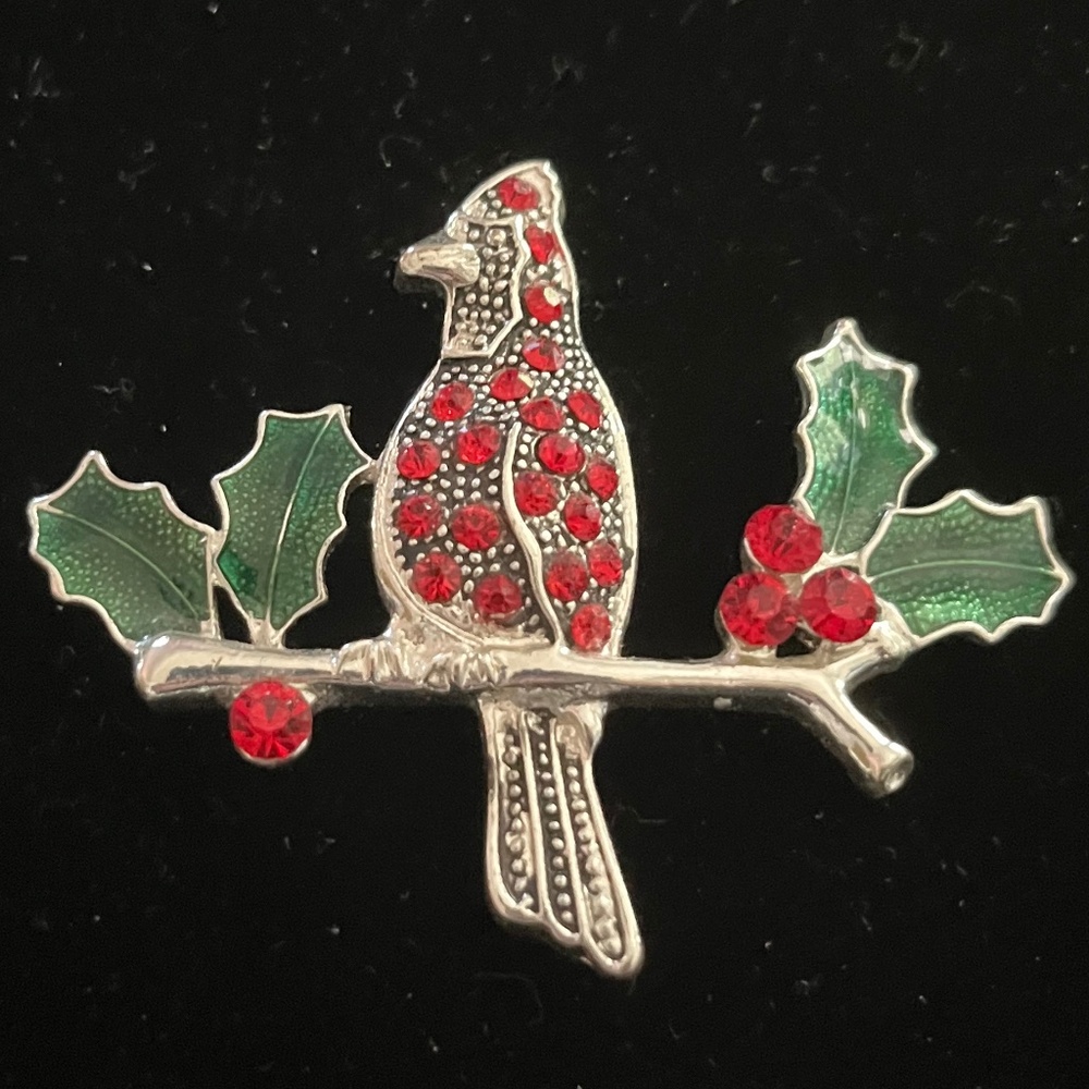 Vintage Christmas Cardinal Red Rhinestone Green Holly Silver Tone Metal Brooch